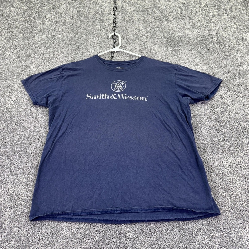 Smith & Wesson Shirt Mens XL Blue Short Sleeve Logo Graphic Tee Shooting Gun